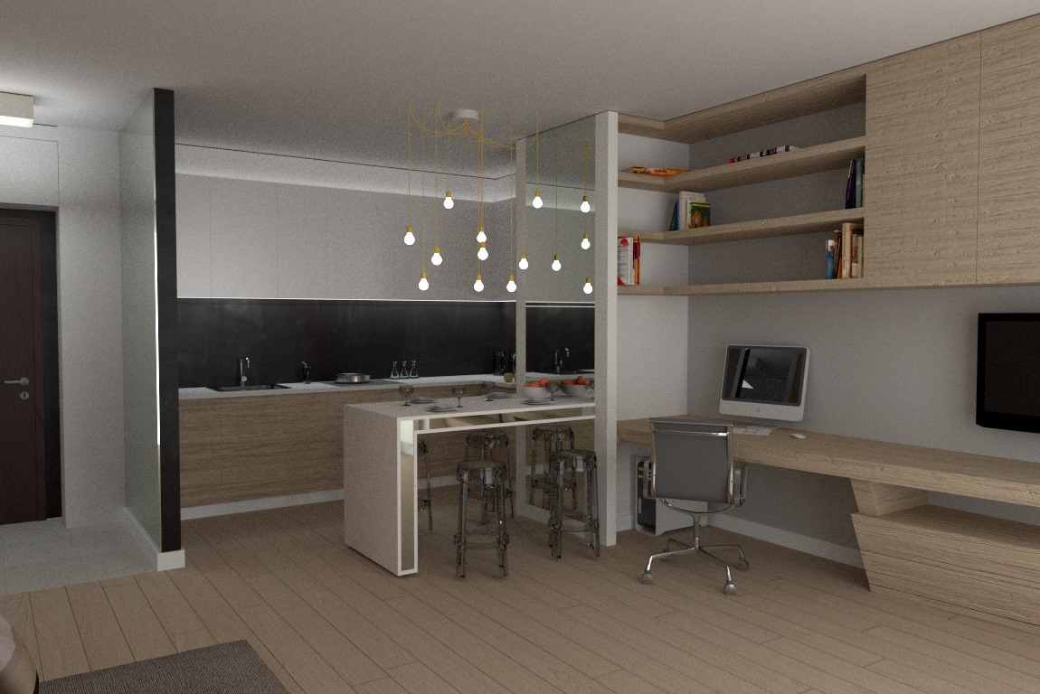 Wizualizacja wnętrza: kuchnia z wyspą i miejscem do pracy z biurkiem, oświetlona wiszącymi lampami z żarówkami, drewniana podłoga.