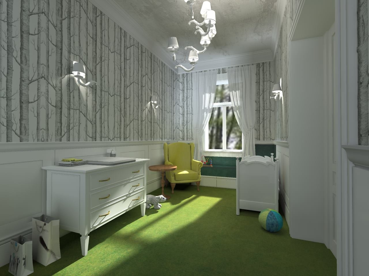 Pokój dziecięcy z tapetą w motywie brzozowego lasu, białymi meblami, żółtym fotelem i zielonym dywanem, oświetlony lampą sufitową w kształcie gałęzi.