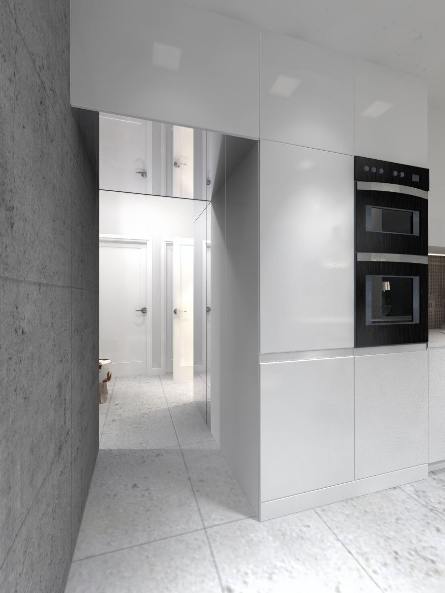Wizualizacja nowoczesnej, minimalistycznej kuchni z białymi szafkami i wbudowanym piekarnikiem, widok na korytarz z białymi drzwiami odbijający się w błyszczącej powierzchni szafek.