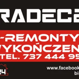 Logo firmy RADEC24 z adresem strony internetowej, numerem telefonu i adresem e-mail, oferującej usługi remontowe i wykończeniowe.