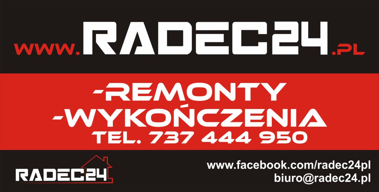 Logo firmy RADEC24 z adresem strony internetowej, numerem telefonu i adresem e-mail, oferującej usługi remontowe i wykończeniowe.