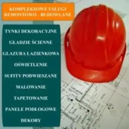 Plan architektoniczny z kaskiem budowlanym, obok tablica z ofertą usług: tynki dekoracyjne, gładzie, glazura, oświetlenie, sufity podwieszane, malowanie, tapetowanie, panele.