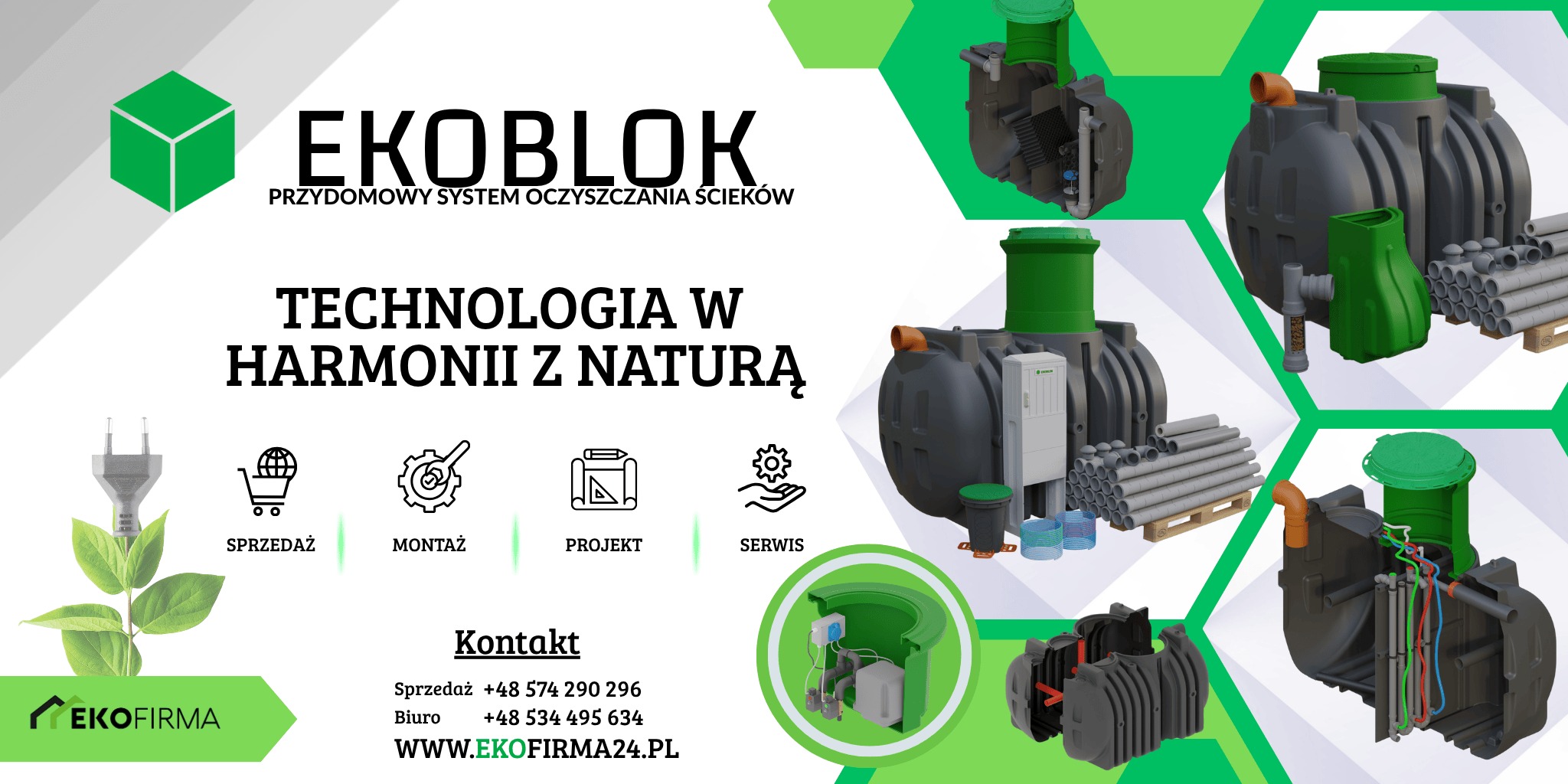 Grafika reklamowa EKOBLOK: przydomowe systemy oczyszczania ścieków. Wizualizacje zbiorników, rur, schemat instalacji. Sprzedaż, montaż, projekt, serwis. Kontakt.