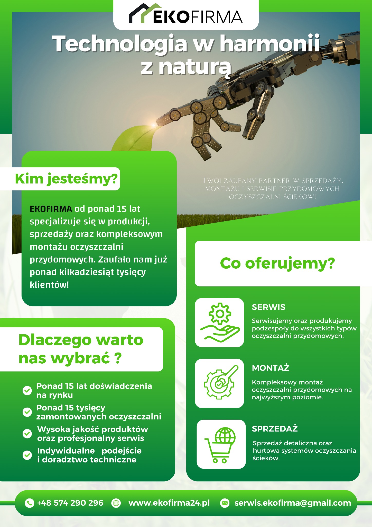 Grafika reklamowa EkoFirma: technologia w harmonii z naturą. Oferta obejmuje sprzedaż, montaż i serwis przydomowych oczyszczalni ścieków. Kontakt i adres strony.