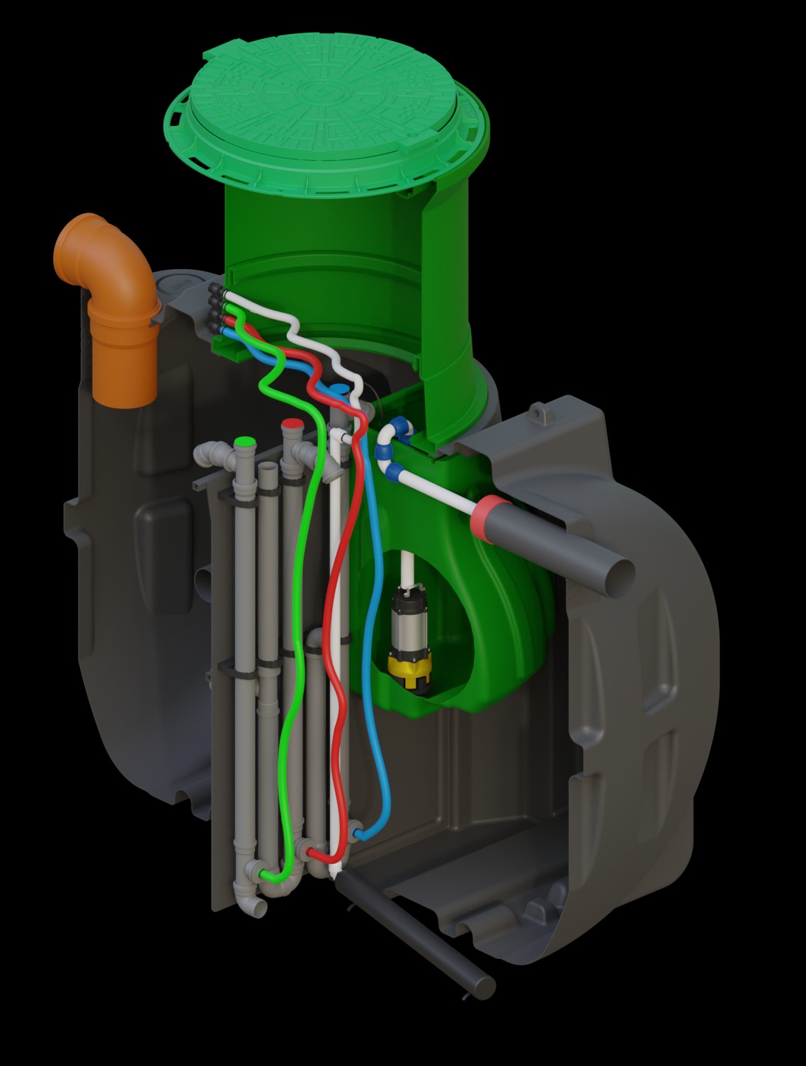 Przekrój szamba betonowego z zieloną pokrywą, widoczne rury i elementy instalacji wewnątrz. Model 3D na czarnym tle, prezentujący budowę i komponenty.
