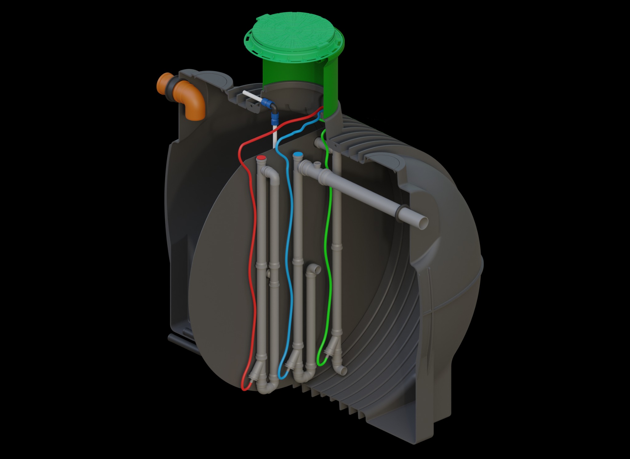 Przekrój szamba betonowego z zieloną pokrywą, ukazujący wewnętrzne instalacje w kolorach: czerwonym, niebieskim i zielonym. Widoczne rury i przyłącza.