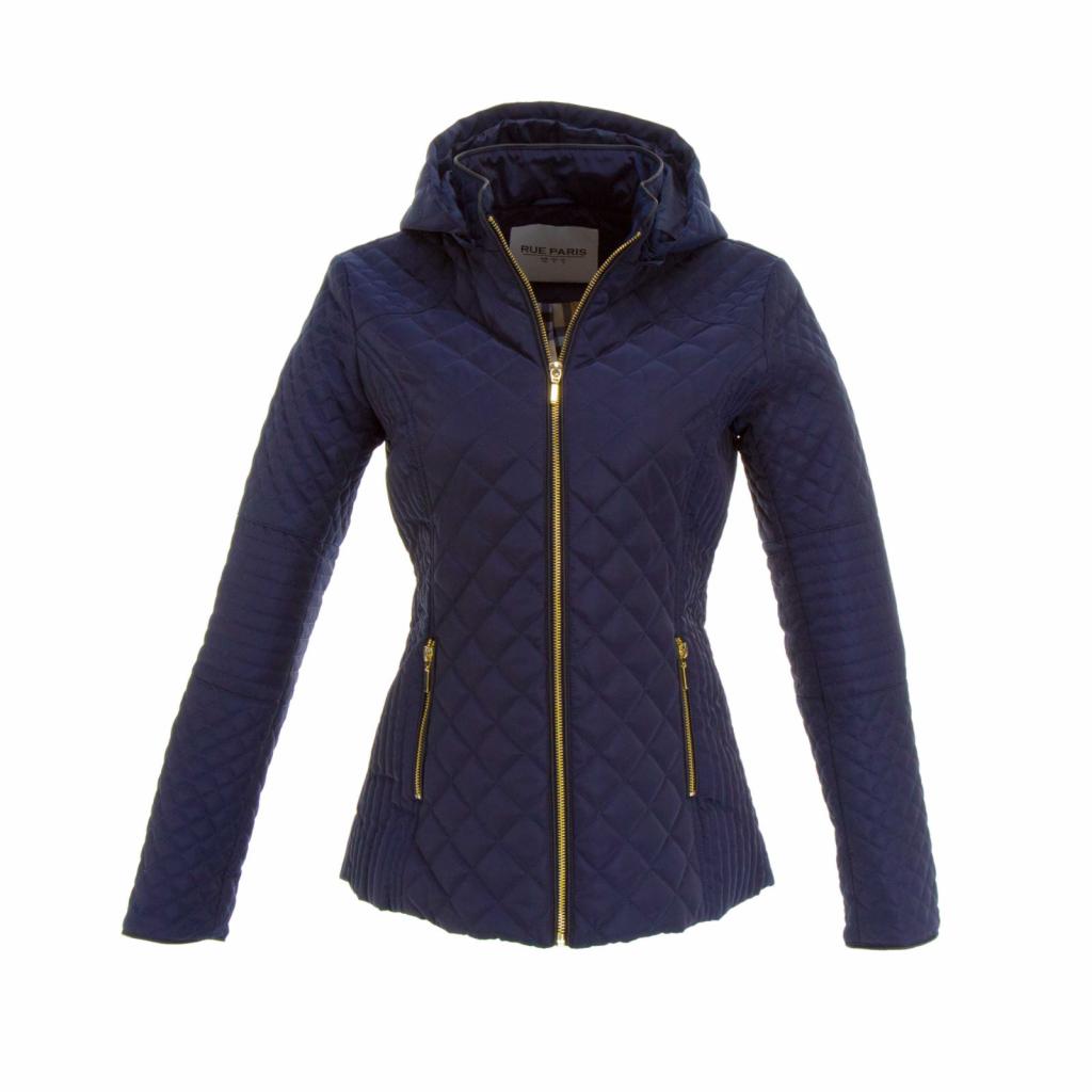 Zdjęcie packshot granatowej, pikowanej kurtki damskiej z kapturem i złotymi zamkami błyskawicznymi, na białym tle.