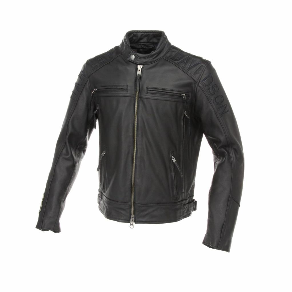 Czarna skórzana kurtka motocyklowa z napisem 'DAVIDSON' na ramieniu, zapinana na zamek błyskawiczny, na białym tle.