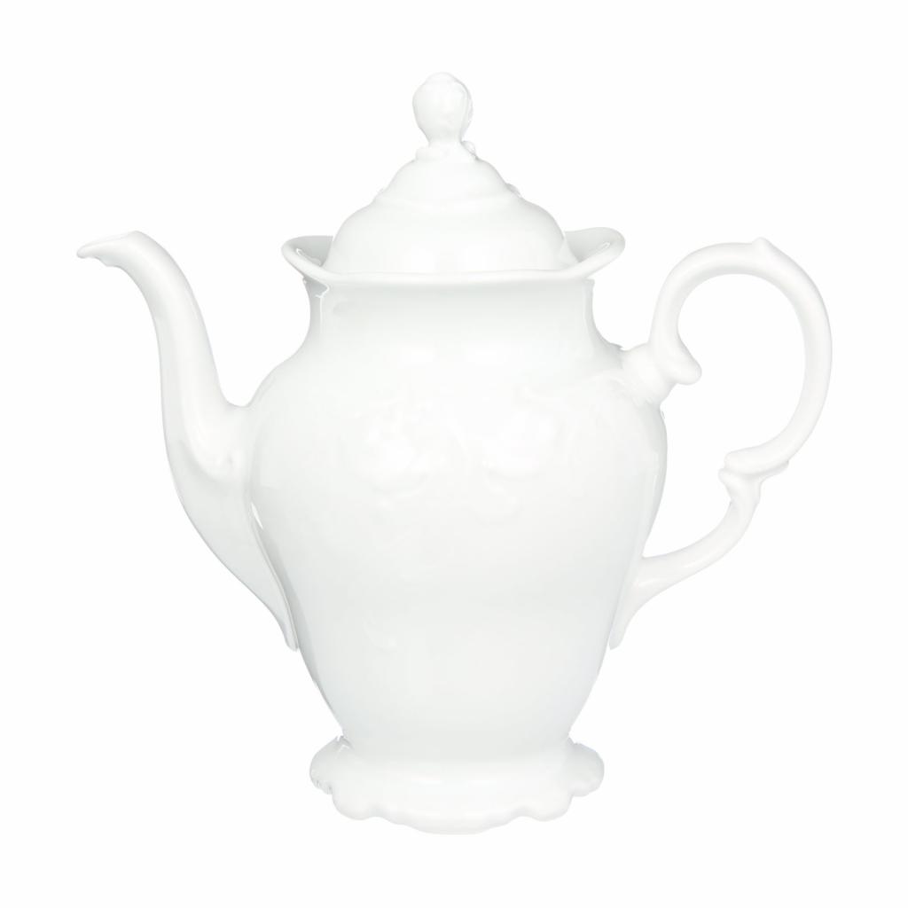 Biały, porcelanowy czajnik z pokrywką, sfotografowany na białym tle w stylu packshot.
