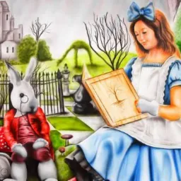 Ilustracja na ścianie w Sulęcinie przedstawiająca scenę z Alicji w Krainie Czarów: Alicja czyta książkę, obok Biały Królik, w tle szachownica i zamek.