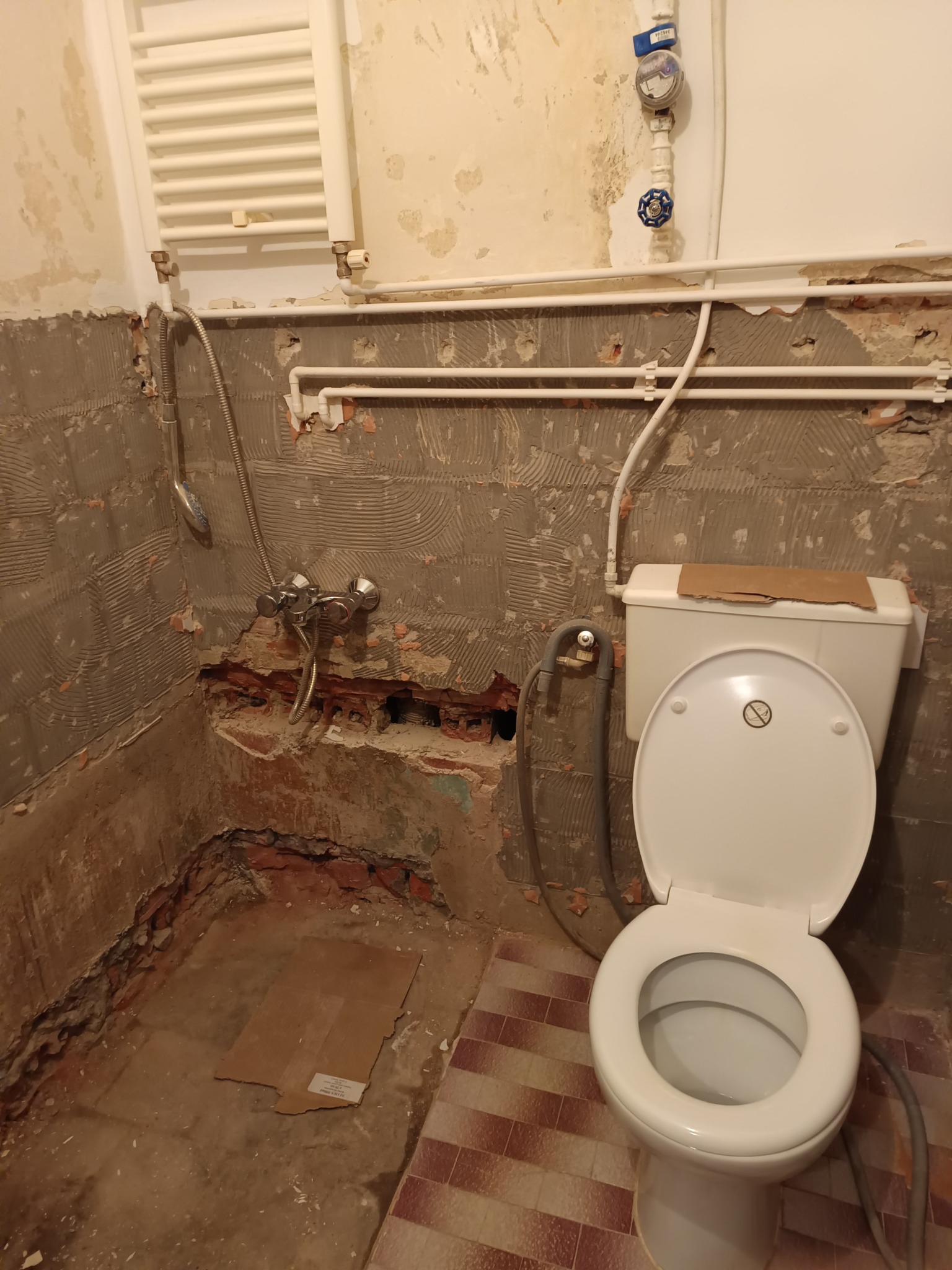 Łazienka w trakcie remontu: widoczne odsłonięte ściany z resztkami płytek, instalacja wodna, grzejnik drabinkowy i toaleta z deską podniesioną, zabezpieczona kartonem na zbiorniku.