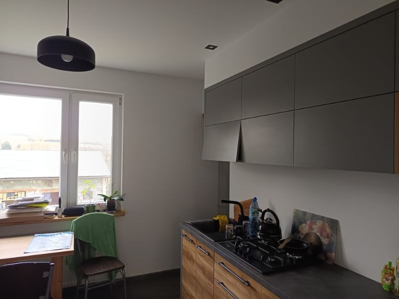 Szare szafki kuchenne wiszące nad blatem z zamontowaną płytą grzewczą, widok na okno z roślinami i krajobraz za nim.