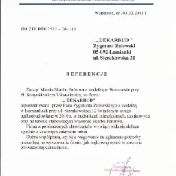 Skan dokumentu referencyjnego dla firmy 'DEKARBUD' od Zarządu Mienia Skarbu Państwa, datowany na 03.03.2011, potwierdzający świadczenie usług ogólnobudowlanych.