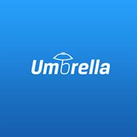 Białe logo Umbrella na błękitnym tle; stylizowany parasol wkomponowany w literę 'b'.