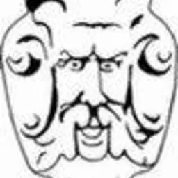 Czarno-biała grafika przedstawiająca stylizowaną głowę brodatego mężczyzny z bujnymi włosami, przypominającą element dekoracyjny lub rzeźbę.