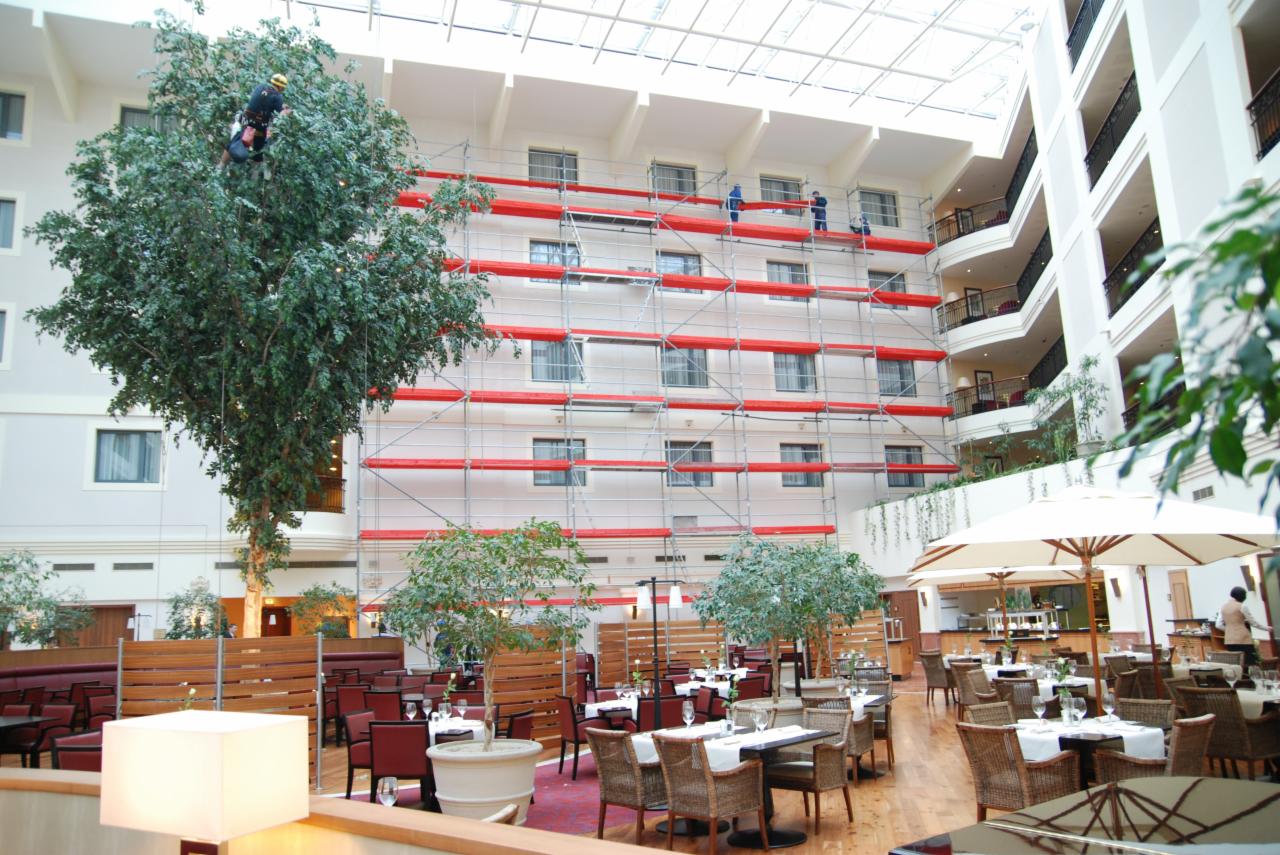 Wnętrze hotelu z rusztowaniami na ścianie wewnętrznej atrium, pracownicy w kombinezonach na rusztowaniu, osoba w uprzęży na drzewie, gotowe stoły restauracyjne na pierwszym planie.