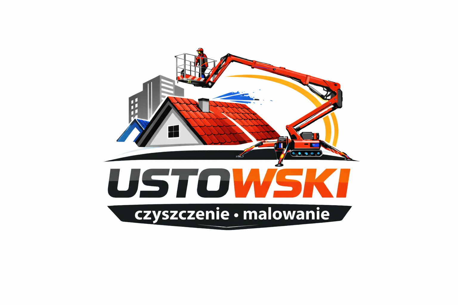 Logo firmy z dźwigiem czyszczącym dach budynku. Napis 'USTOWSKI czyszczenie • malowanie'. Grafika w odcieniach czerwieni, szarości i czerni na białym tle.