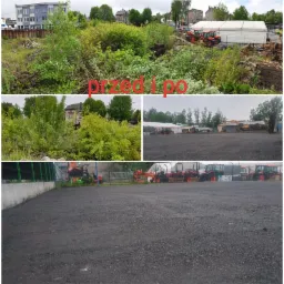 Kompozycja zdjęć ukazująca teren przed i po utwardzeniu: zarośnięta działka z widocznymi budynkami w tle oraz utwardzona powierzchnia z zaparkowanymi maszynami budowlanymi.