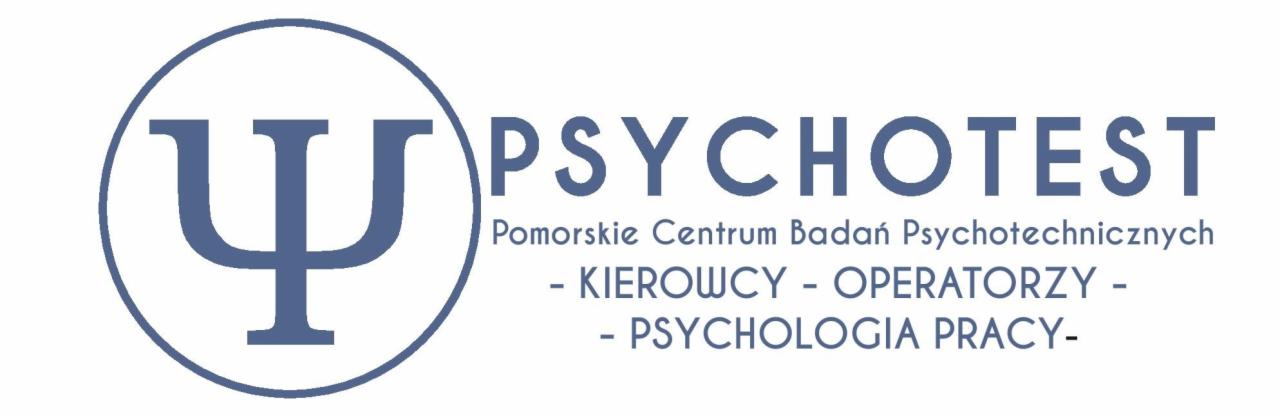 Logo Pomorskiego Centrum Badań Psychotechnicznych 'PSYCHOTEST' z symbolem Psi w okręgu, oferującego badania dla kierowców, operatorów i z zakresu psychologii pracy.