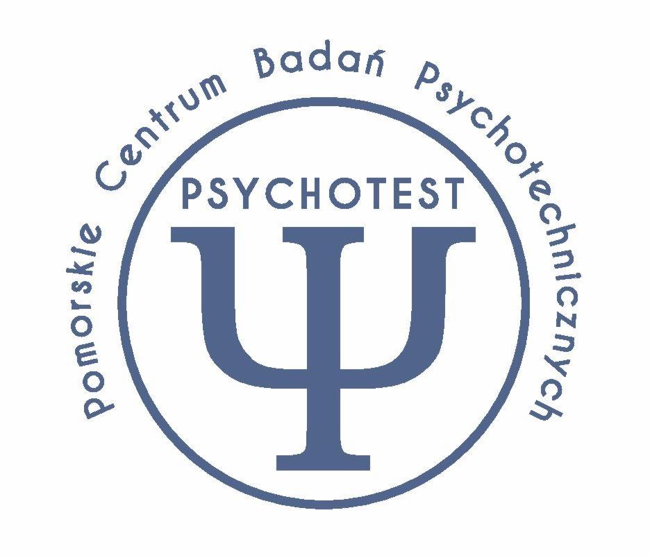 Logo Pomorskiego Centrum Badań Psychotechnicznych w Gdyni z symbolem psychotestu w niebieskim okręgu. Nazwa firmy otacza symbol.