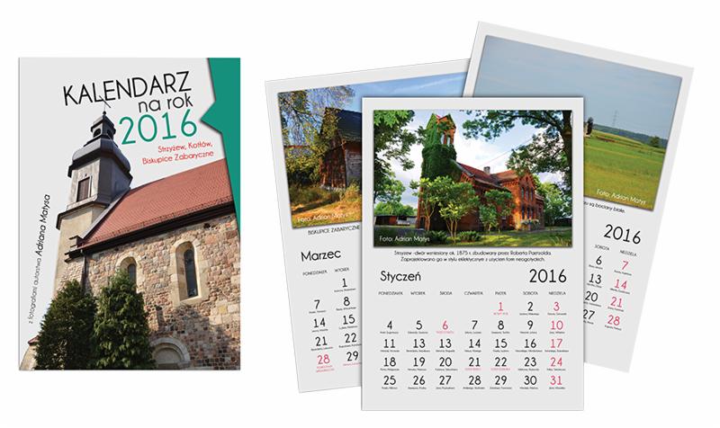 Kalendarz na rok 2016 z fotografiami autorstwa Adriana Matysa, prezentujący zdjęcia kościołów i krajobrazów ze Strzyżewa, Kotłowa i Biskupic Zabarycznych.