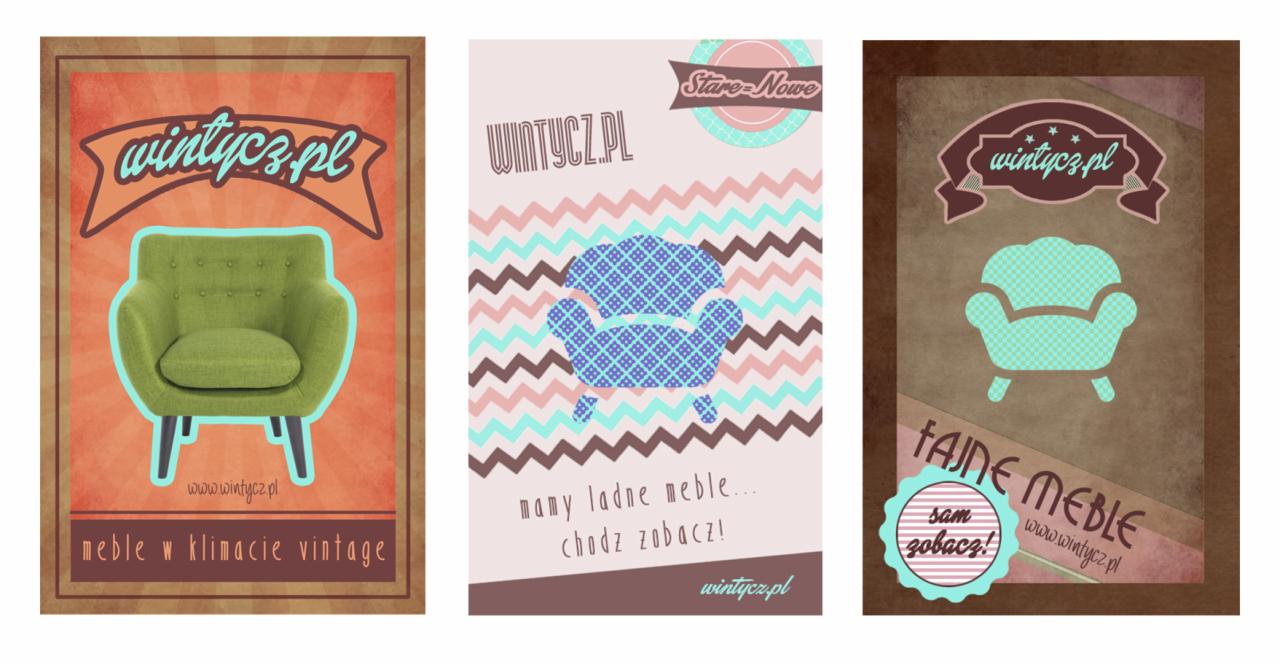 Trzy grafiki reklamowe mebli vintage z adresem strony wintycz.pl, każda w innym stylu i kolorystyce, prezentujące różne meble i hasła reklamowe.