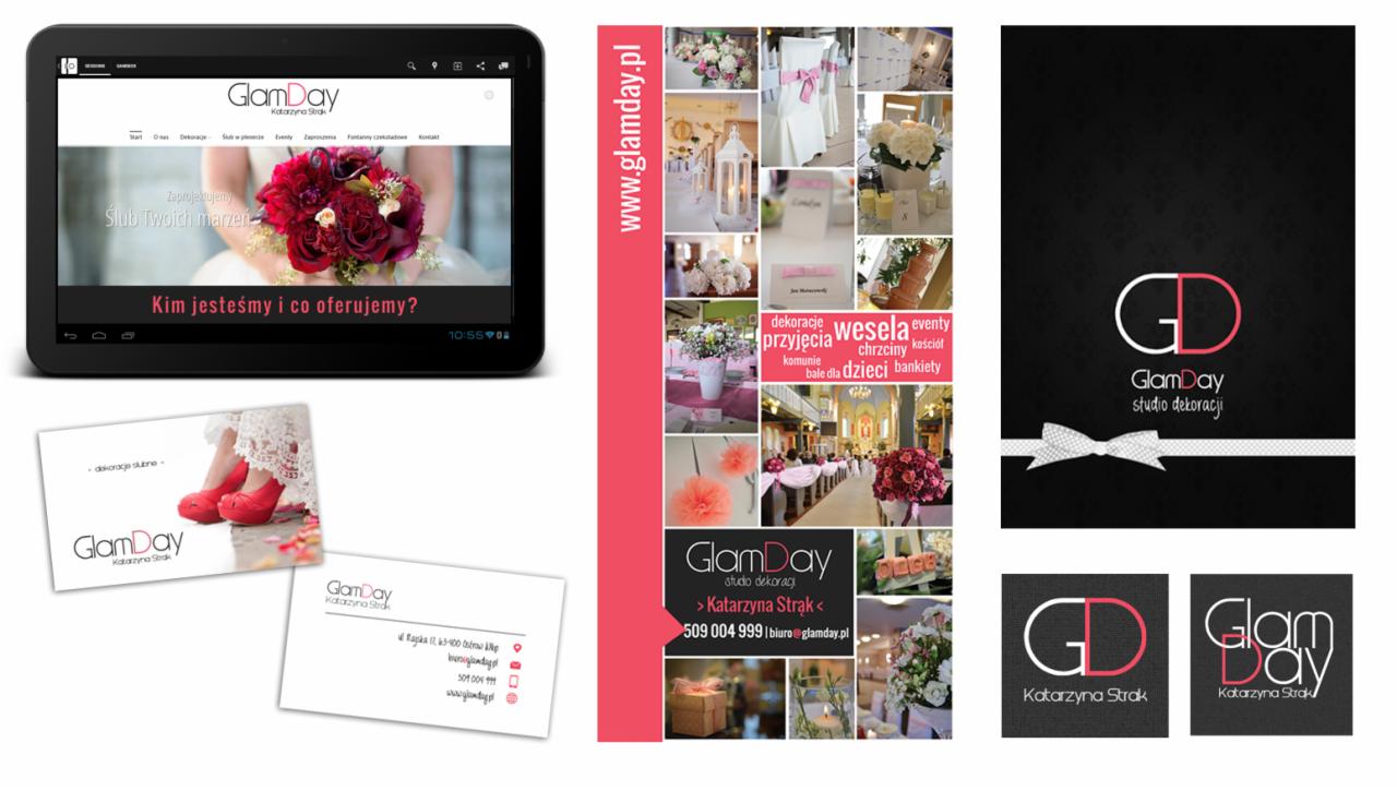 Portfolio studia dekoracji GlamDay: strona www na tablecie, wizytówki, zdjęcia dekoracji ślubnych i eventowych, logo na czarnym tle. Prezentacja usług dekoratorskich.