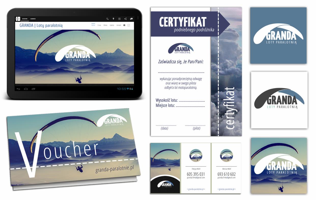 Przykłady projektów graficznych dla firmy oferującej loty paralotnią: strona www na tablecie, certyfikat, voucher, logo i wizytówki, prezentowane na białym tle.