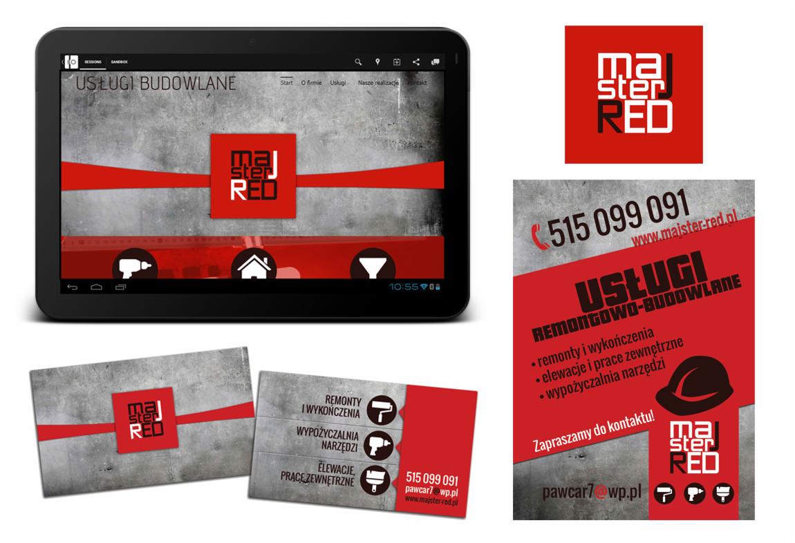 Tablet z prezentacją usług budowlanych, wizytówki i ulotka z logo Majster RED. Grafika reklamowa prezentuje zakres usług remontowo-budowlanych firmy.