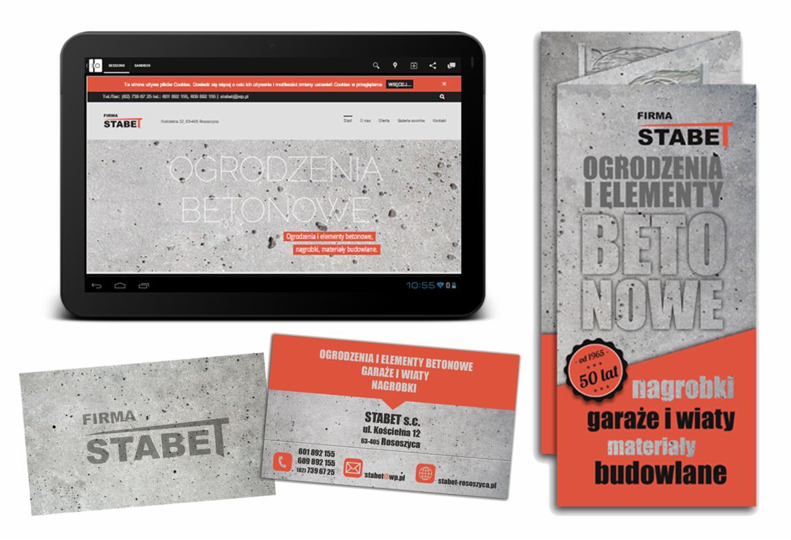 Projekt wizualny firmy STABE na tablecie, wizytówce i ulotce. Obejmuje betonowe ogrodzenia, nagrobki, garaże i wiaty. Czerwono-szara kolorystyka, nowoczesny design.