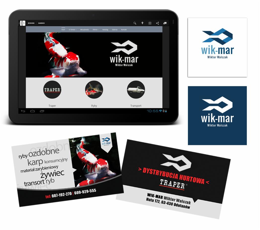 Prezentacja wizualna firmy Wik-Mar: strona www na tablecie, wizytówki, logo w dwóch wersjach kolorystycznych. Projekt graficzny.