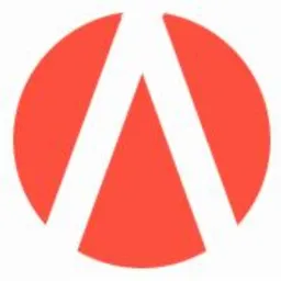 Czerwone logo w kształcie okręgu z białym symbolem przypominającym literę A, umieszczonym centralnie. Prosty, minimalistyczny design.