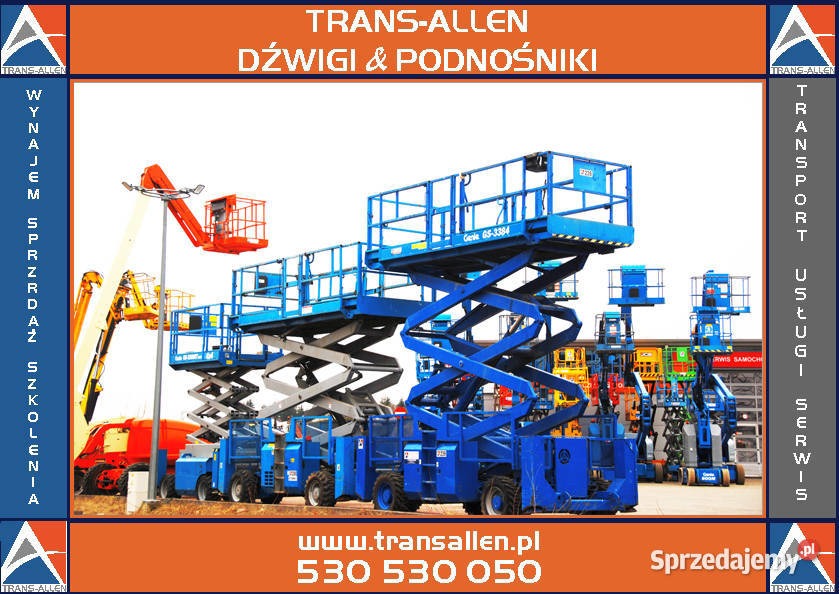 Różnokolorowe podnośniki koszowe i nożycowe, w tym niebieskie Genie GS-3384, ustawione rzędem na jasnym tle, prezentowane przez firmę Trans-Allen, z widocznym logo i danymi kontaktowymi.