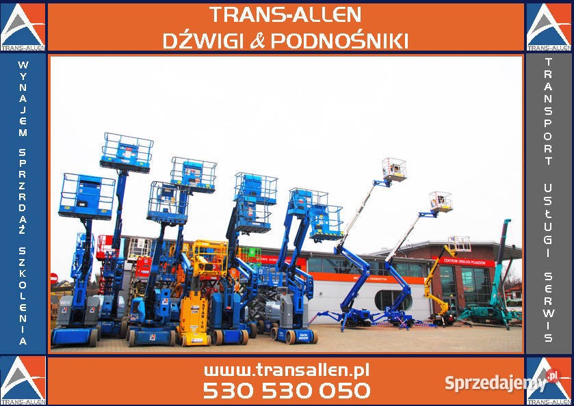 Różnokolorowe podnośniki koszowe, głównie niebieskie i żółte, ustawione w rzędzie przed budynkiem Centrum Obsługi Pojazdów TRANS-ALLEN; widoczny numer telefonu i adres strony internetowej.