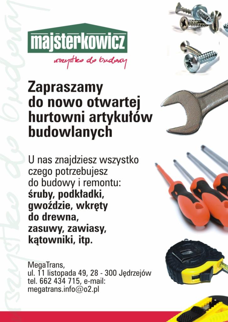 Reklama hurtowni artykułów budowlanych: logo firmy Majsterkowicz, śruby, klucz płaski, wkrętaki z pomarańczowymi uchwytami, miara zwijana i nóż segmentowy.