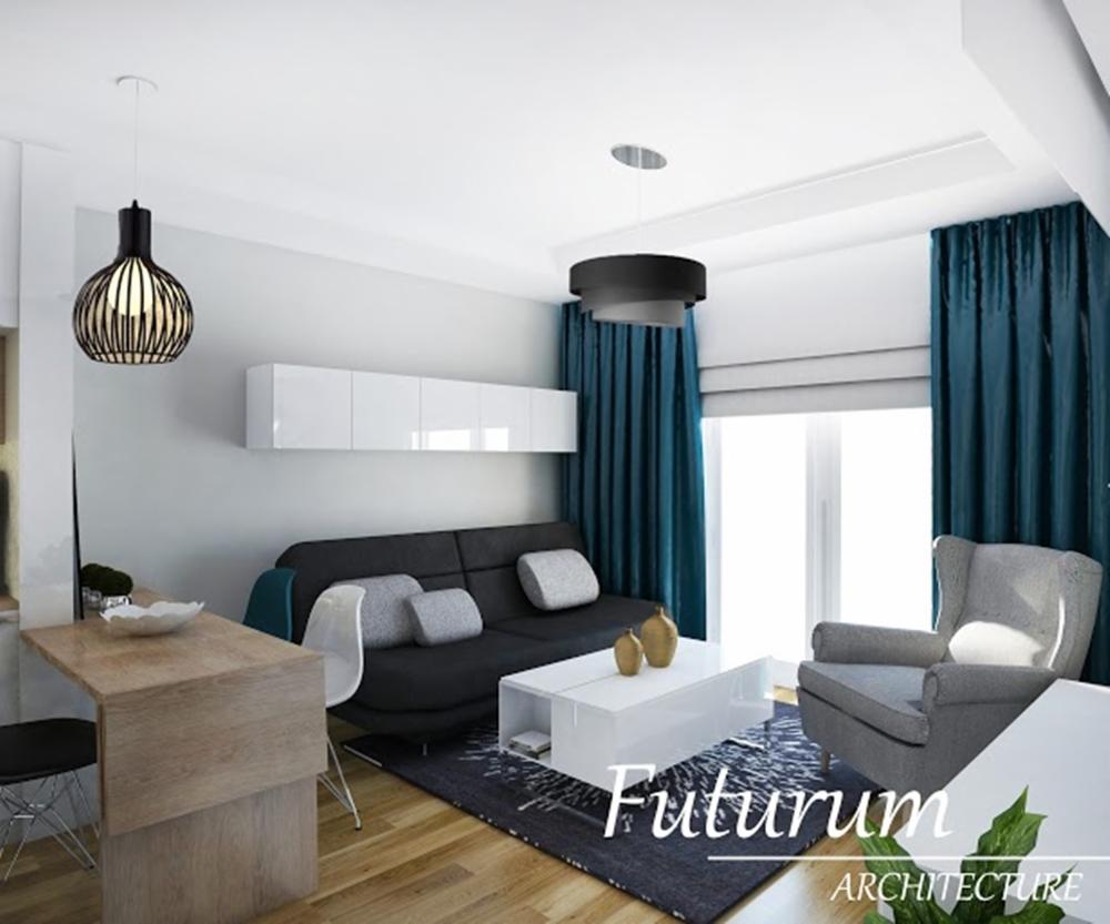 Nowoczesny salon z szarą sofą, drewnianym stołem i turkusowymi zasłonami. Dwie lampy wiszące i białe szafki nadają wnętrzu elegancji. Widoczne logo 'Futurum Architecture'.
