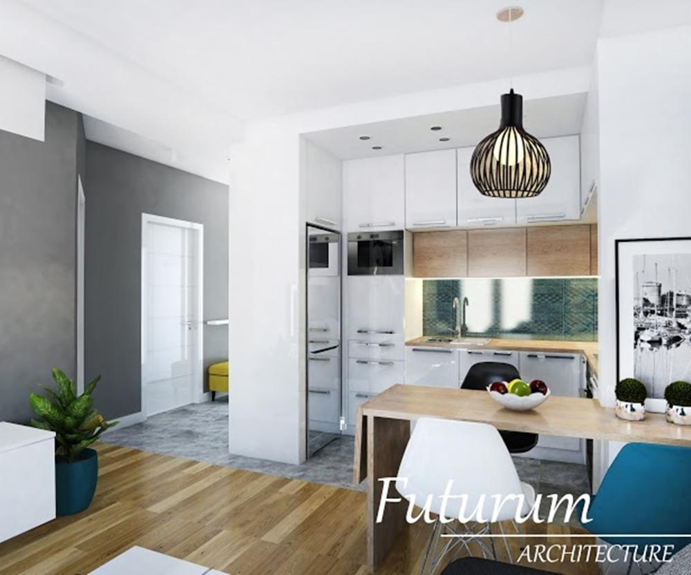 Wizualizacja jasnego wnętrza: kuchnia z drewnianym blatem i białymi szafkami, nowoczesna lampa wisząca, szary salon z rośliną doniczkową i drewnianą podłogą.