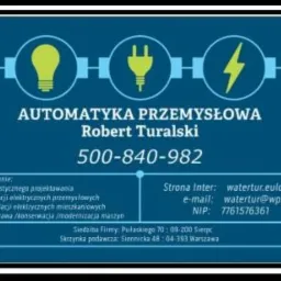 Wizytówka firmy Automatyka Przemysłowa Robert Turalski z numerem telefonu i adresem strony internetowej, e-mail oraz NIP. Na wizytówce symbole związane z elektryką.