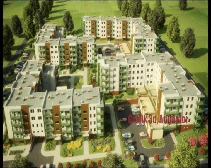 Wizualizacja 3D osiedla mieszkaniowego z lotu ptaka, ukazująca budynki z balkonami, parkingi i zagospodarowanie terenu zielenią.