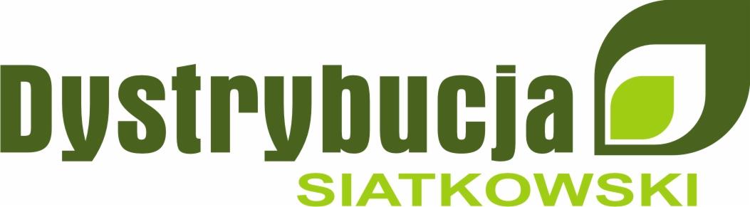 Logo firmy Dystrybucja Siatkowski z zielonym elementem graficznym w kształcie liścia. Nazwa firmy w kolorze ciemnozielonym i jasnozielonym.