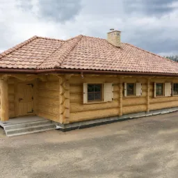 Drewniany dom z brązową dachówką, widok z zewnątrz. Detal: jasne okiennice, kamienny komin i schody wejściowe. Tło: zalesione wzgórza pod pochmurnym niebem.