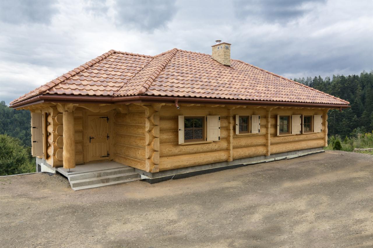 Drewniany dom z brązową dachówką, widok z zewnątrz. Detal: jasne okiennice, kamienny komin i schody wejściowe. Tło: zalesione wzgórza pod pochmurnym niebem.