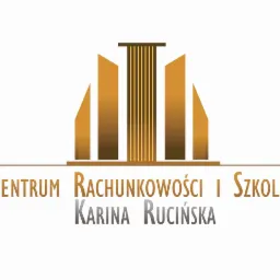 Eleganckie logo Centrum Rachunkowości i Szkoleń Karina Rucińska w odcieniach złota i szarości, z abstrakcyjnym symbolem architektonicznym.