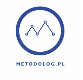 Niebieski okrąg z wykresem liniowym i adresem strony metodolog.pl. Grafika prezentuje usługi związane z metodologią badań i analiz statystycznych dla uczelni.