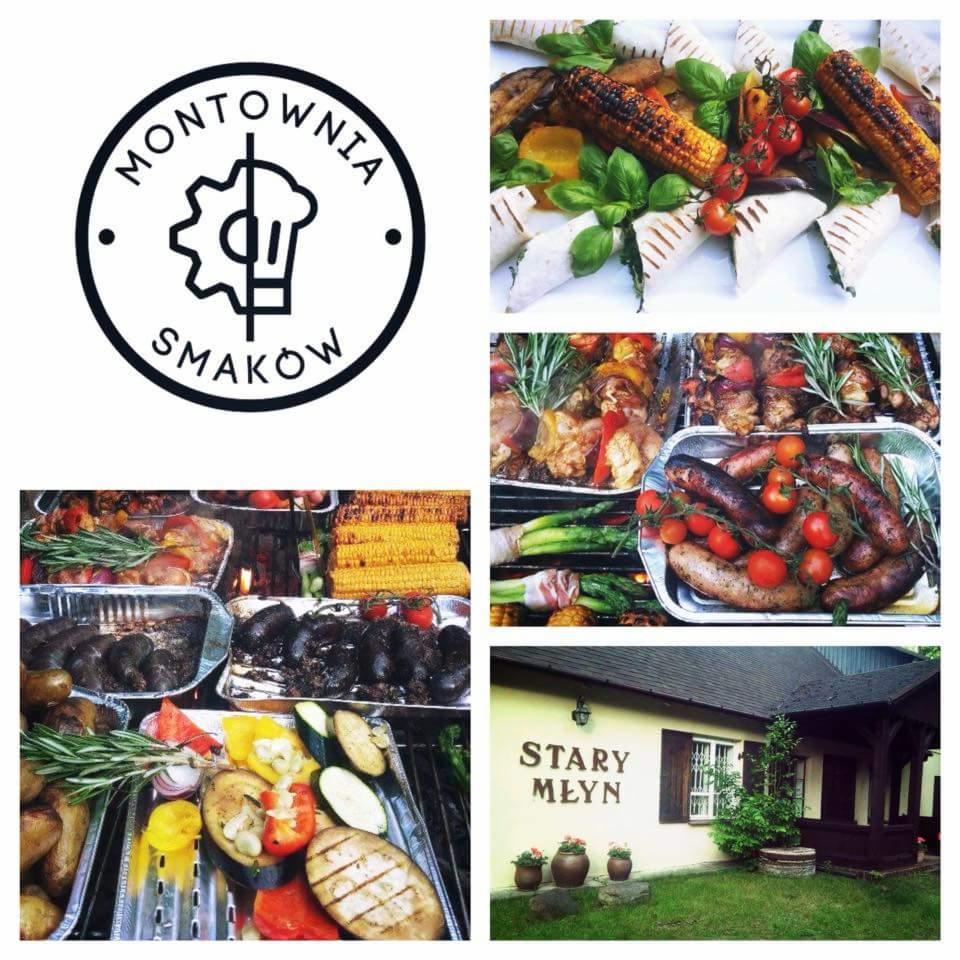 Kolaż zdjęć: logo 'Montownia Smaków', kukurydza z grilla, szaszłyki, kiełbaski, warzywa z grilla i budynek 'Stary Młyn'. Różnorodność dań i lokalizacja.