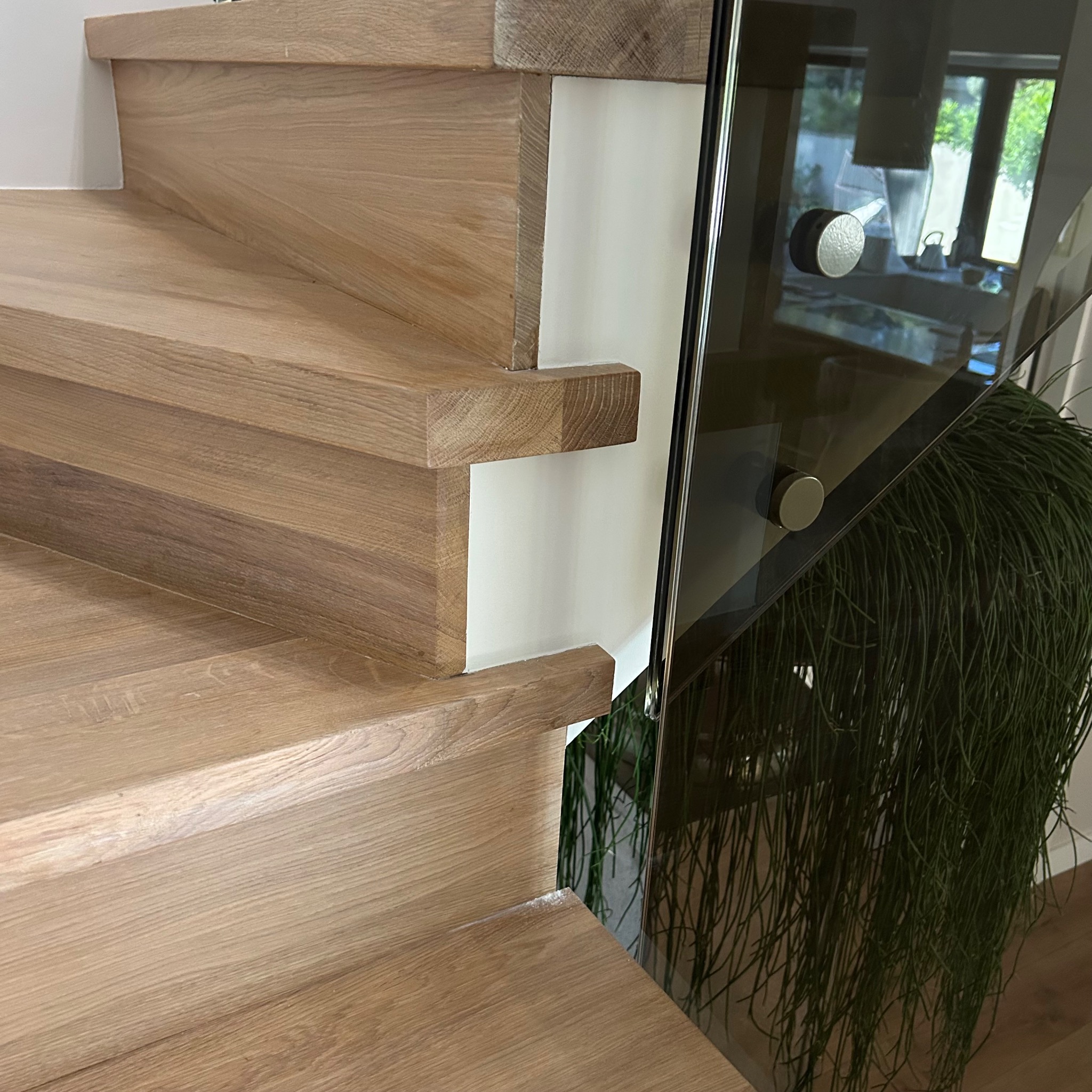 Jasne, dębowe stopnie z minimalistyczną balustradą ze szkła, mocowaną na metalowych uchwytach. W tle widoczna zieleń roślin doniczkowych.