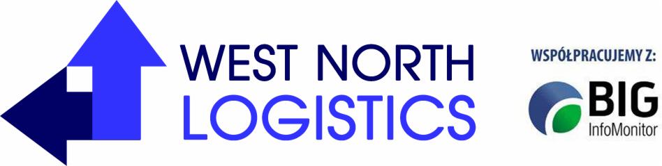 Logo firmy West North Logistics z niebieską strzałką i napisem, informacja o współpracy z BIG InfoMonitor.