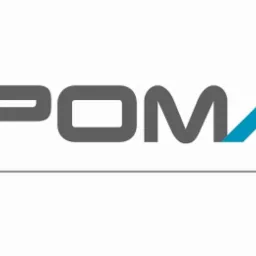 Szaro-błękitne logo firmy Pomaal z nazwą i dopiskiem 'opakowania' na białym tle. Logo ma nowoczesny, minimalistyczny styl.