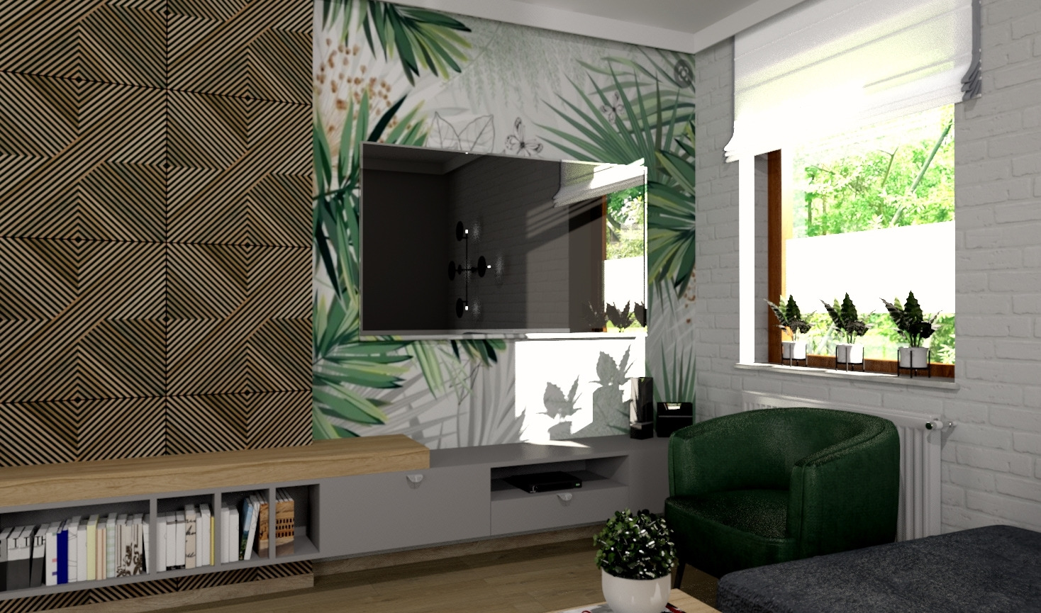 Wizualizacja salonu w Bełchatowie z drewnianą ścianą z geometrycznym wzorem, telewizorem na tle tapety w tropikalne liście i zielonym fotelem.
