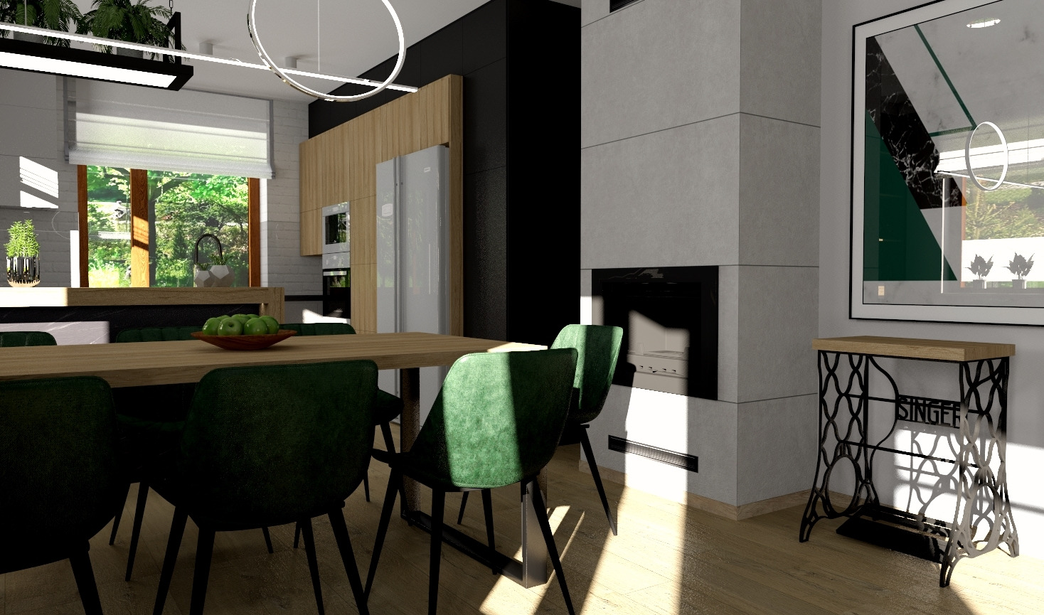 Nowoczesna jadalnia z drewnianym stołem, zielonymi krzesłami i kominkiem w tle, oświetlona przez okrągłą lampę sufitową. Na stole misa z zielonymi jabłkami. Obok kominka stolik z podstawą maszyny...